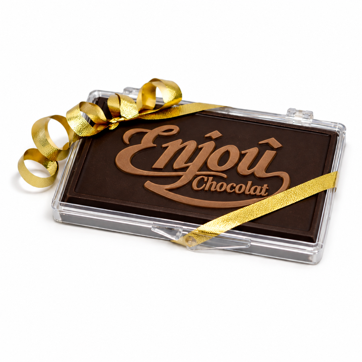 Dark chocolate business card with a milk chocolate Enjou Chocolat logo, in a clear case with gold ribbon