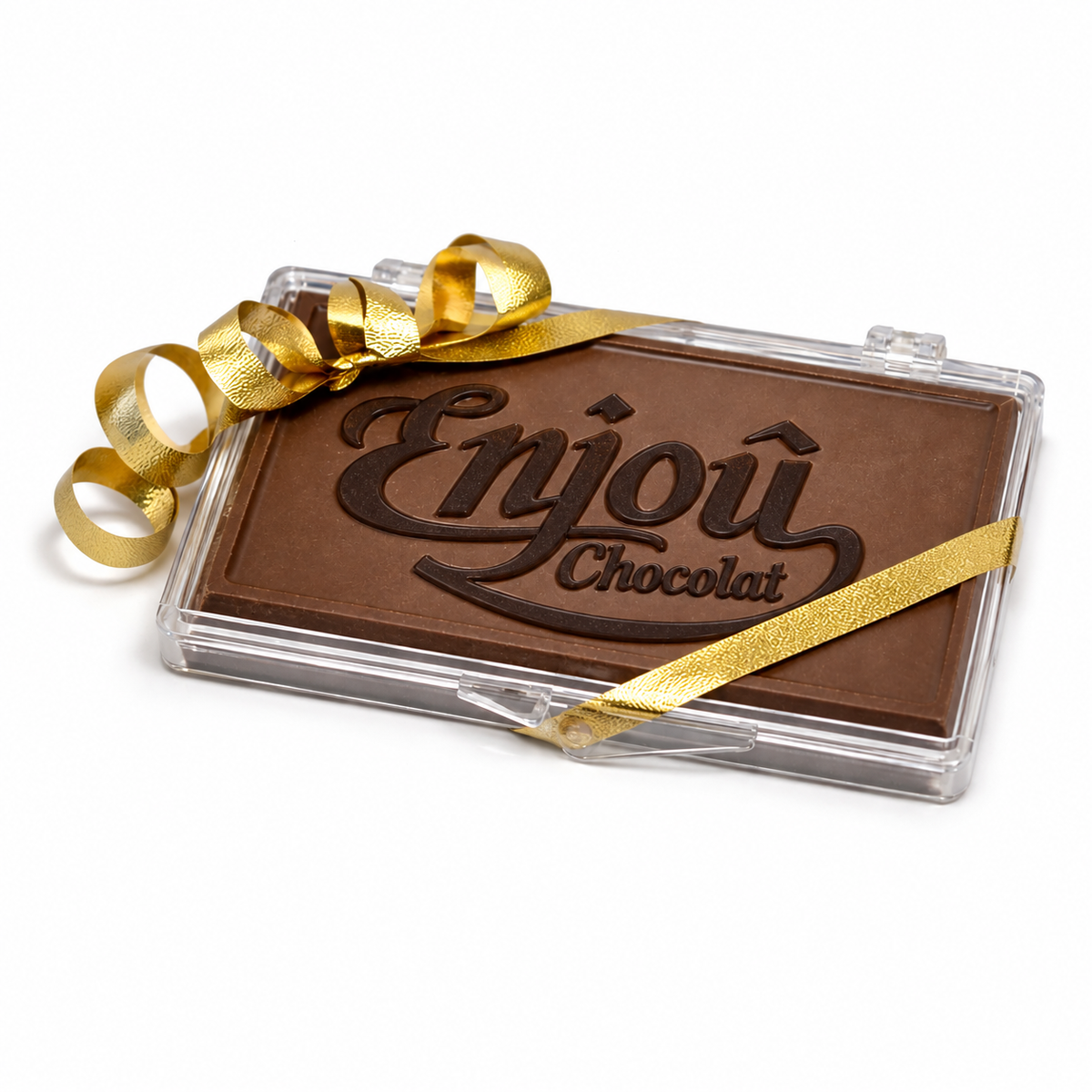 Milk chocolate business card with a dark chocolate Enjou Chocolat logo, in a clear case with gold ribbon