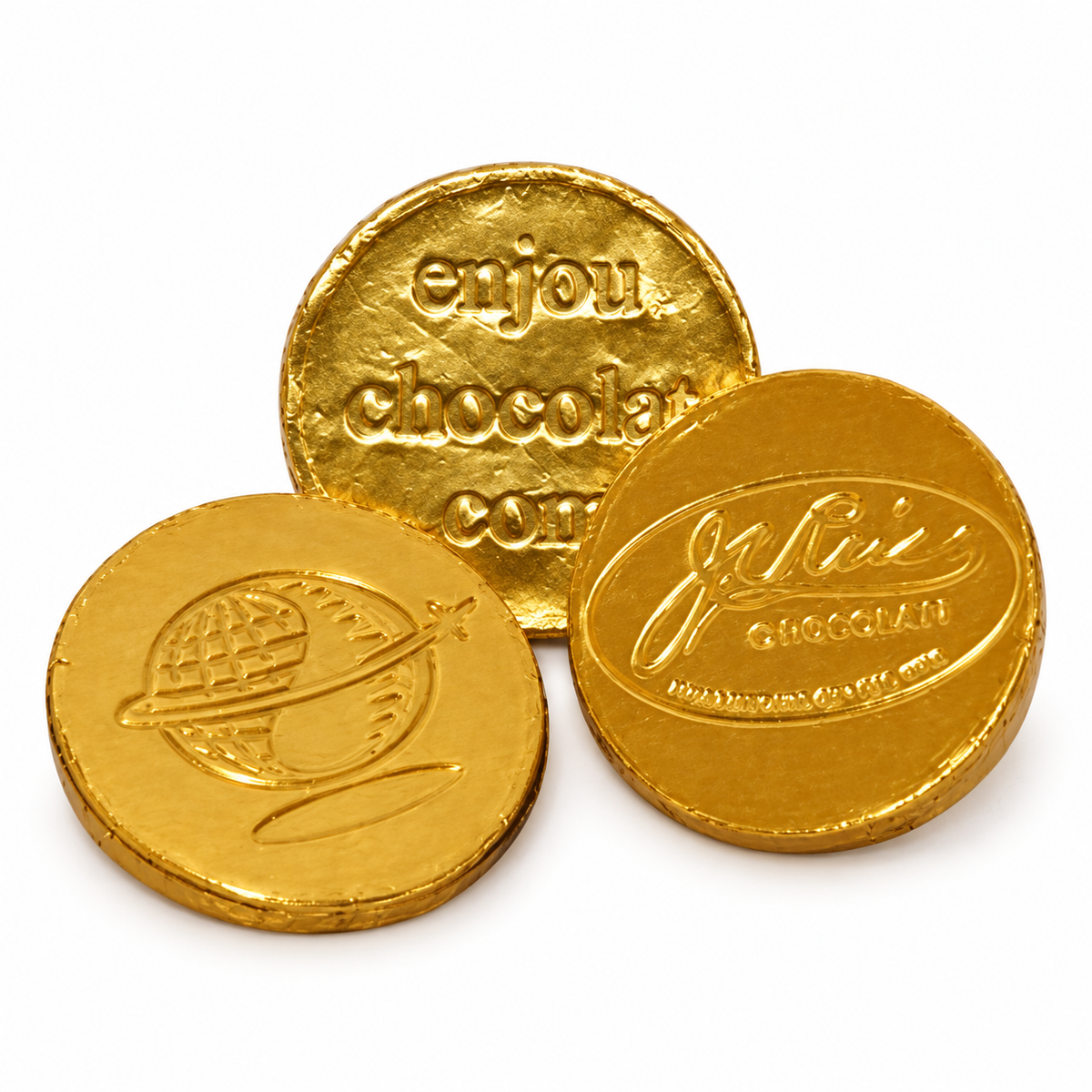 Gold foil chocolate coins stamped with logos, including an Enjou Chocolat coin