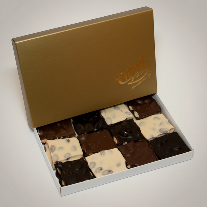 Enjou Chocolat 1lb box of assorted milk, dark, and white chocolate almond bark pieces.