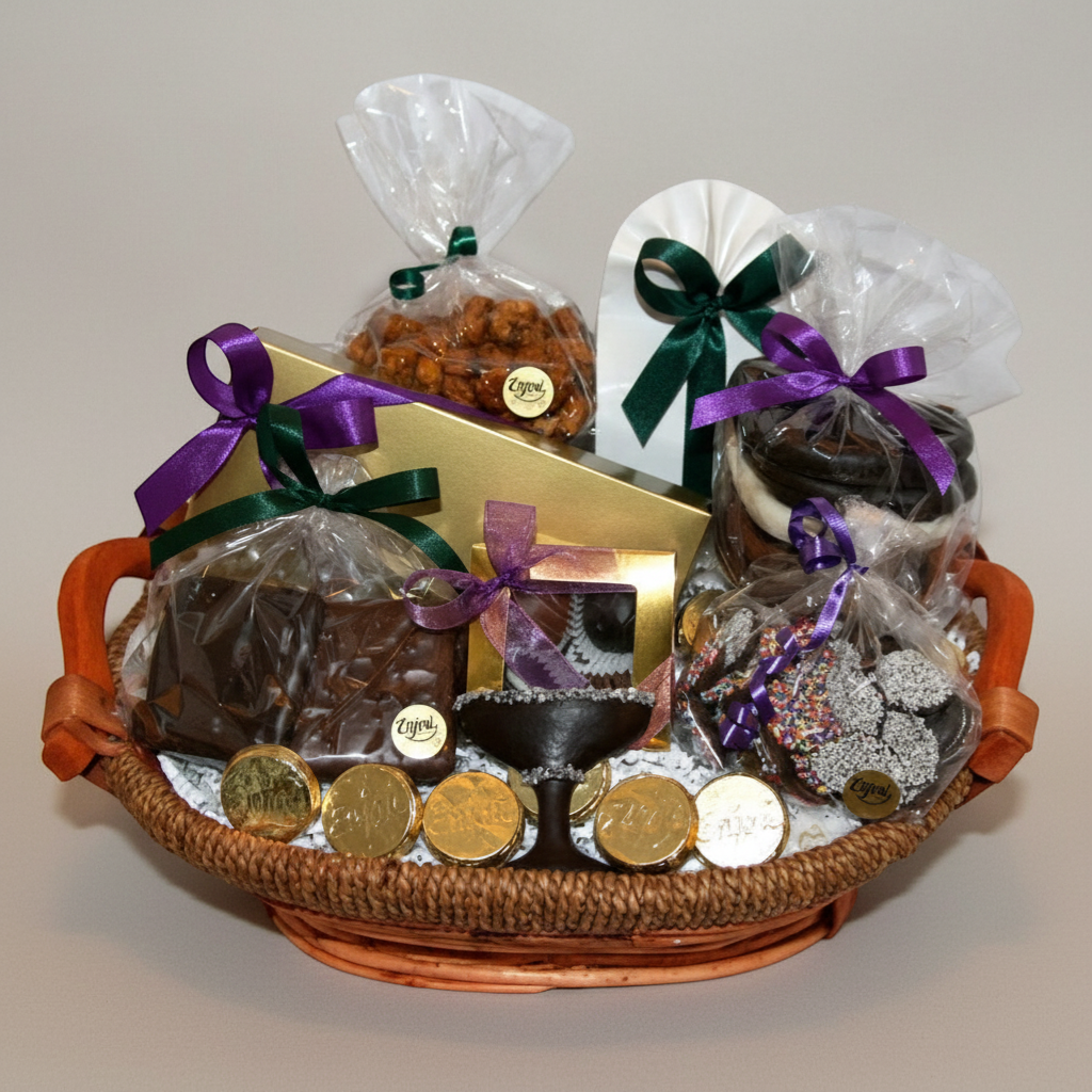 Enjou Chocolat Anniversary Basket with assorted gourmet chocolates, nuts, chocolate champagne glass, chocolate covered Oreos, and pretzels.