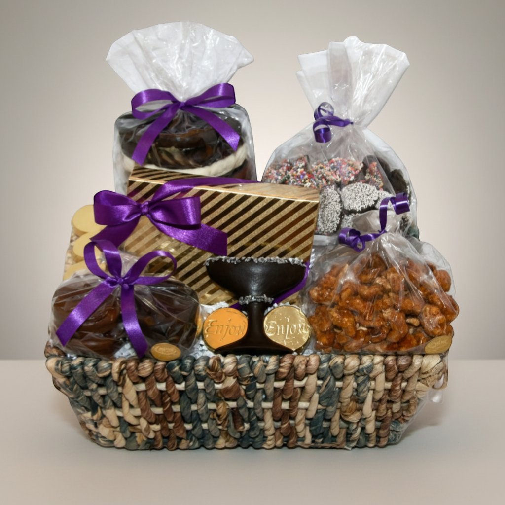 Enjou Chocolat Anniversary Basket 60 with gourmet chocolates, nuts, chocolate champagne glass, and Oreos.