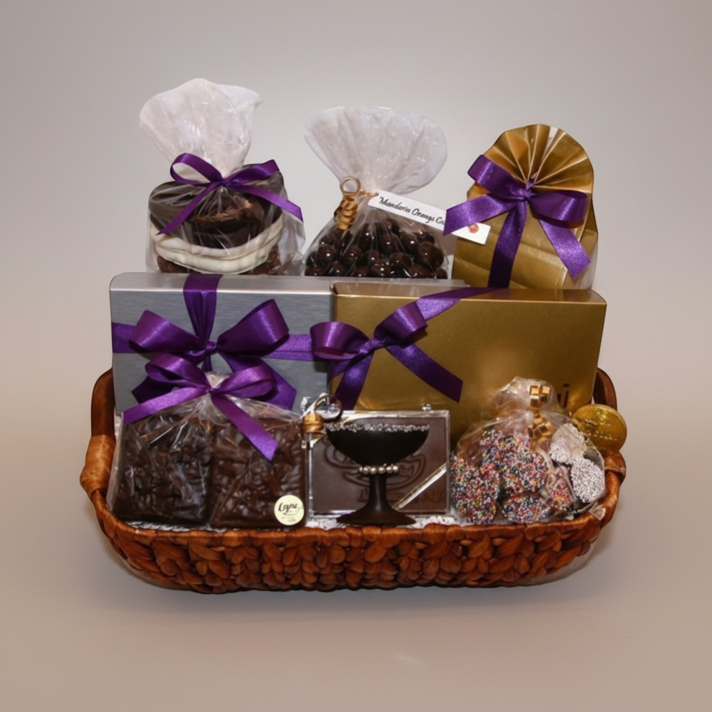 Enjou Chocolat Anniversary gift basket with assorted gourmet chocolates, chocolate covered pretzels, Oreos, graham crackers, and biscotti.