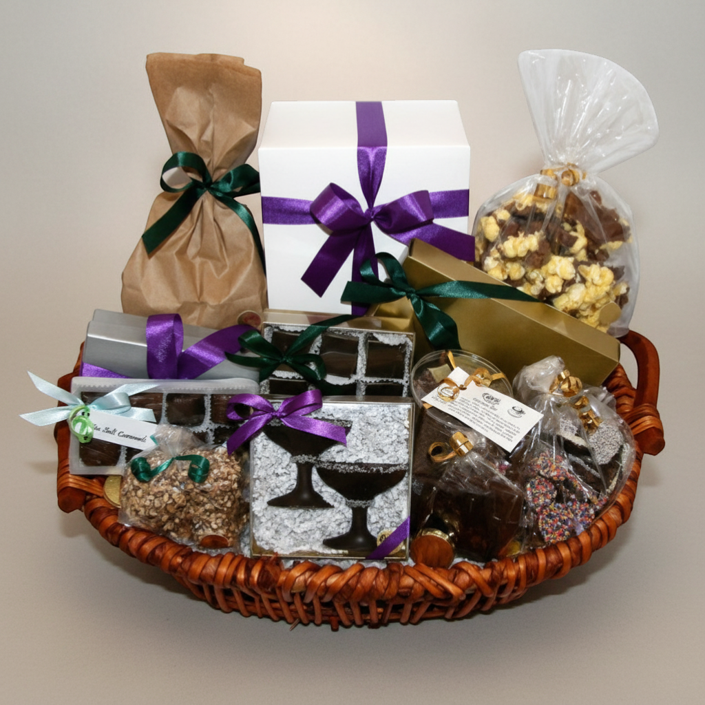 Enjou Chocolat Anniversary Basket with assorted gourmet chocolates, popcorn, pretzels, and biscotti.