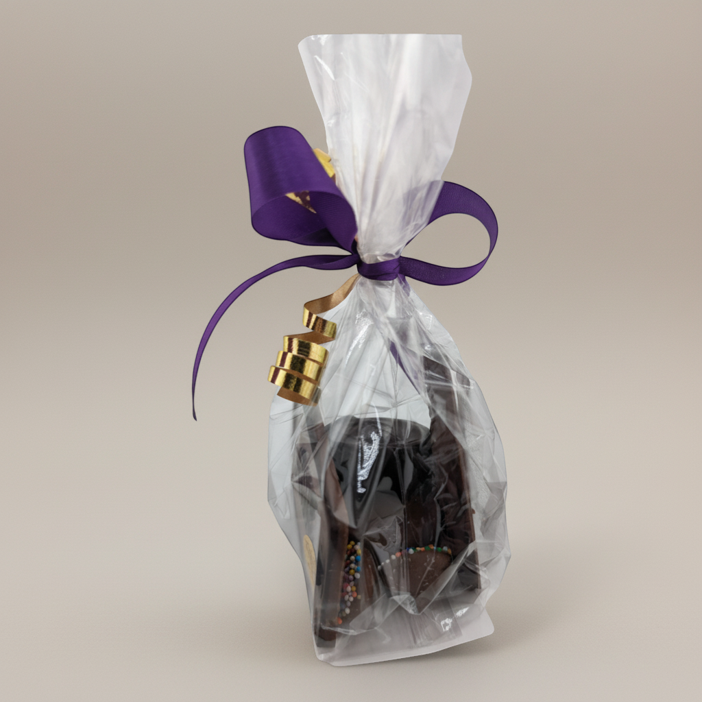 Enjou Chocolat Anniversary Package: chocolate-covered graham cracker, Oreos, nonpareils, and anniversary bar, tied with a purple ribbon.