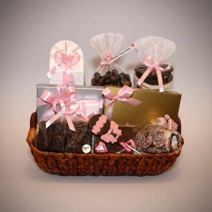 Enjou Chocolat baby gift basket with chocolates, cookies, cake, and baby-themed lolly, tied with pink bows.