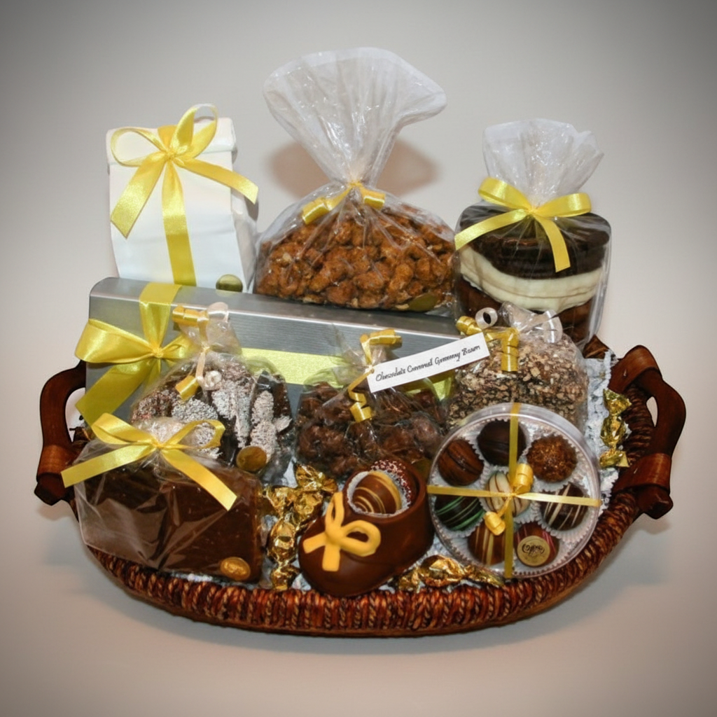 Enjou Chocolat baby gift basket with assorted chocolates, chocolate-covered Oreos, pretzels, biscotti, and a chocolate baby shoe.