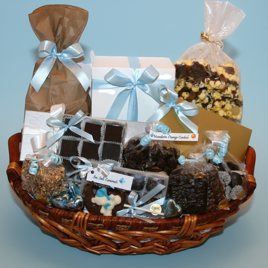 Enjou Chocolat baby gift basket with assorted chocolates, cookies, and pretzels, tied with blue ribbons.