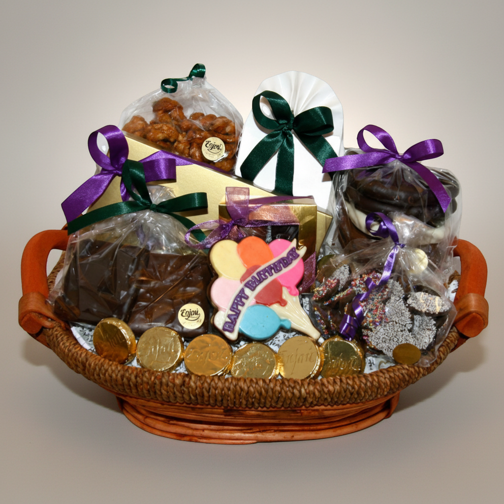 Enjou Chocolat birthday gift basket with assorted chocolates, chocolate covered Oreos, nuts, pretzels, and a Happy Birthday balloon cookie.