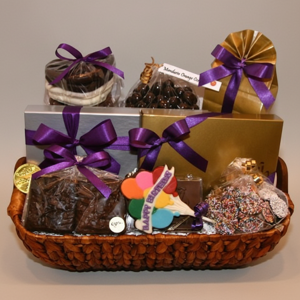 Enjou Chocolat birthday gift basket with assorted chocolates, chocolate covered Oreos, pretzels, lollipops, and biscotti.
