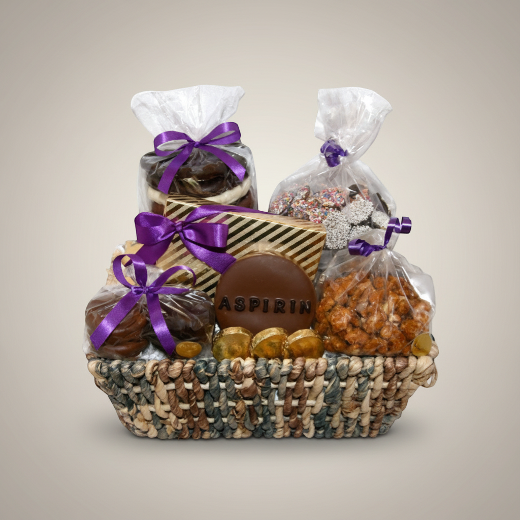 Enjou Chocolat Get Well Basket with assorted chocolates, chocolate-covered Oreos, nuts, pretzels, and chocolate aspirin.