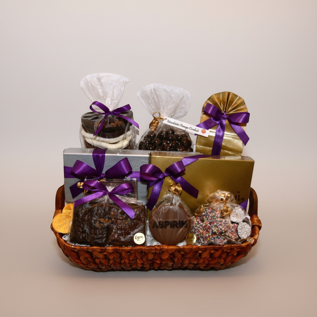 Enjou Chocolat Get Well Basket with assorted gourmet chocolates, chocolate covered pretzels, truffles, and chocolate aspirin.