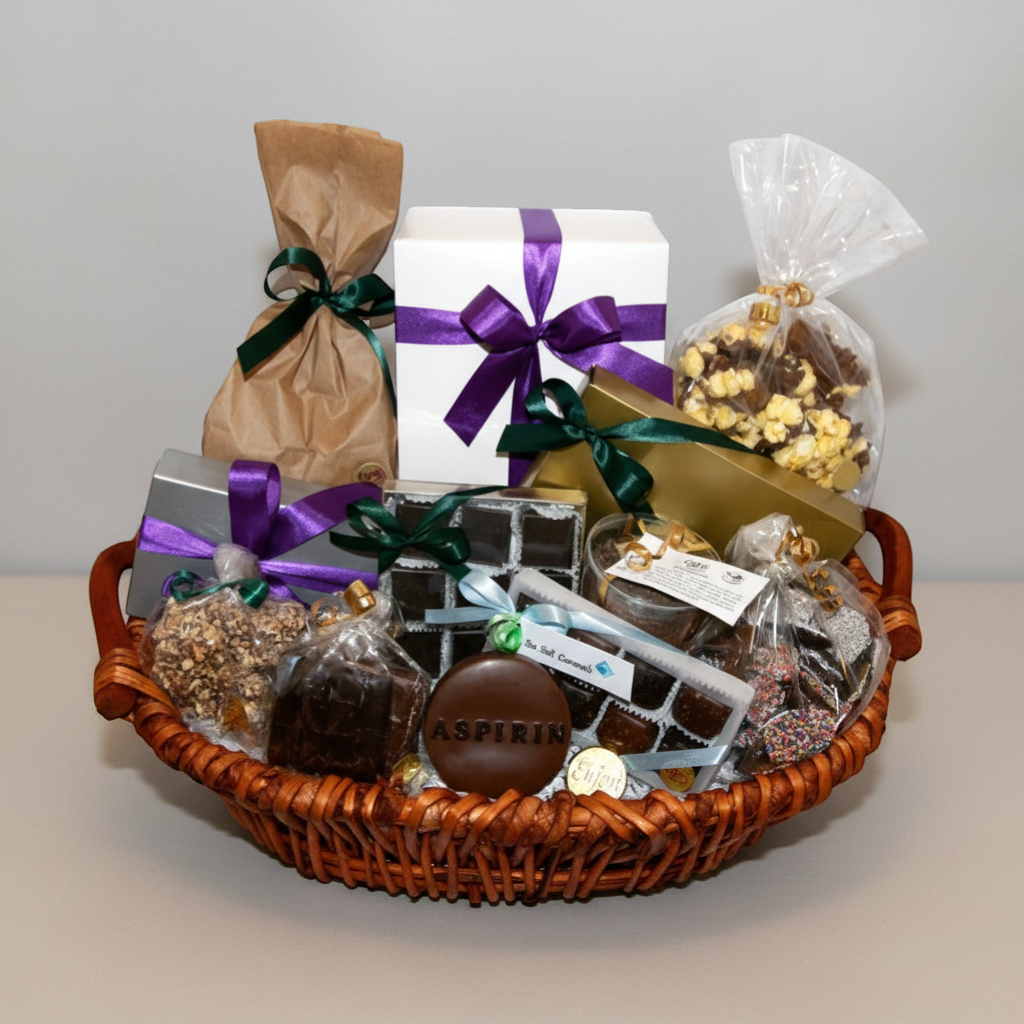 Enjou Chocolat Get Well Basket filled with assorted chocolates, sea salt caramels, chocolate pretzels, and chocolate aspirin.