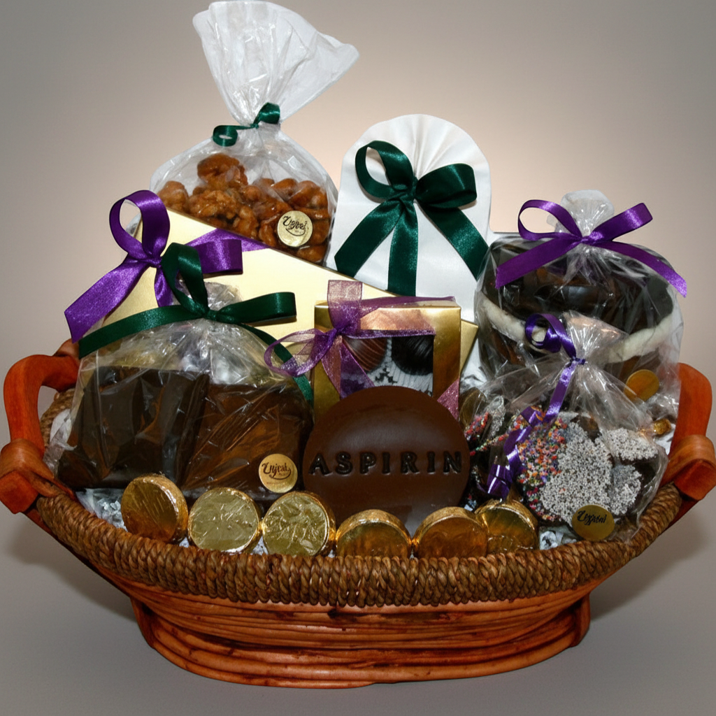 Enjou Chocolat Get Well Basket with assorted chocolates, chocolate covered pretzels, truffles, nuts, and chocolate aspirin.