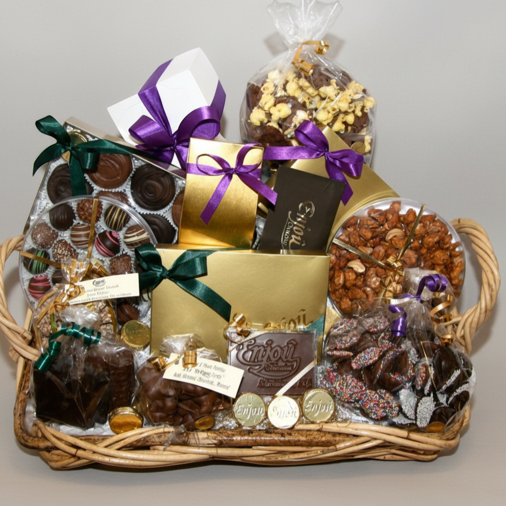 Enjou Chocolat traditional gourmet chocolate gift basket with assorted chocolates, chocolate covered pretzels, nuts, and caramel crunch.