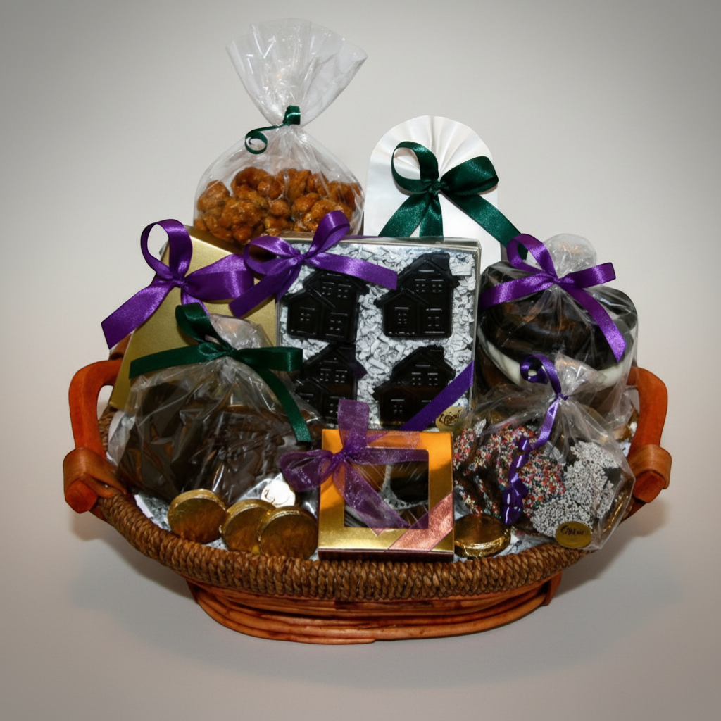 Enjou Chocolat New Home Basket with assorted chocolates, chocolate covered pretzels, and house-shaped chocolates.