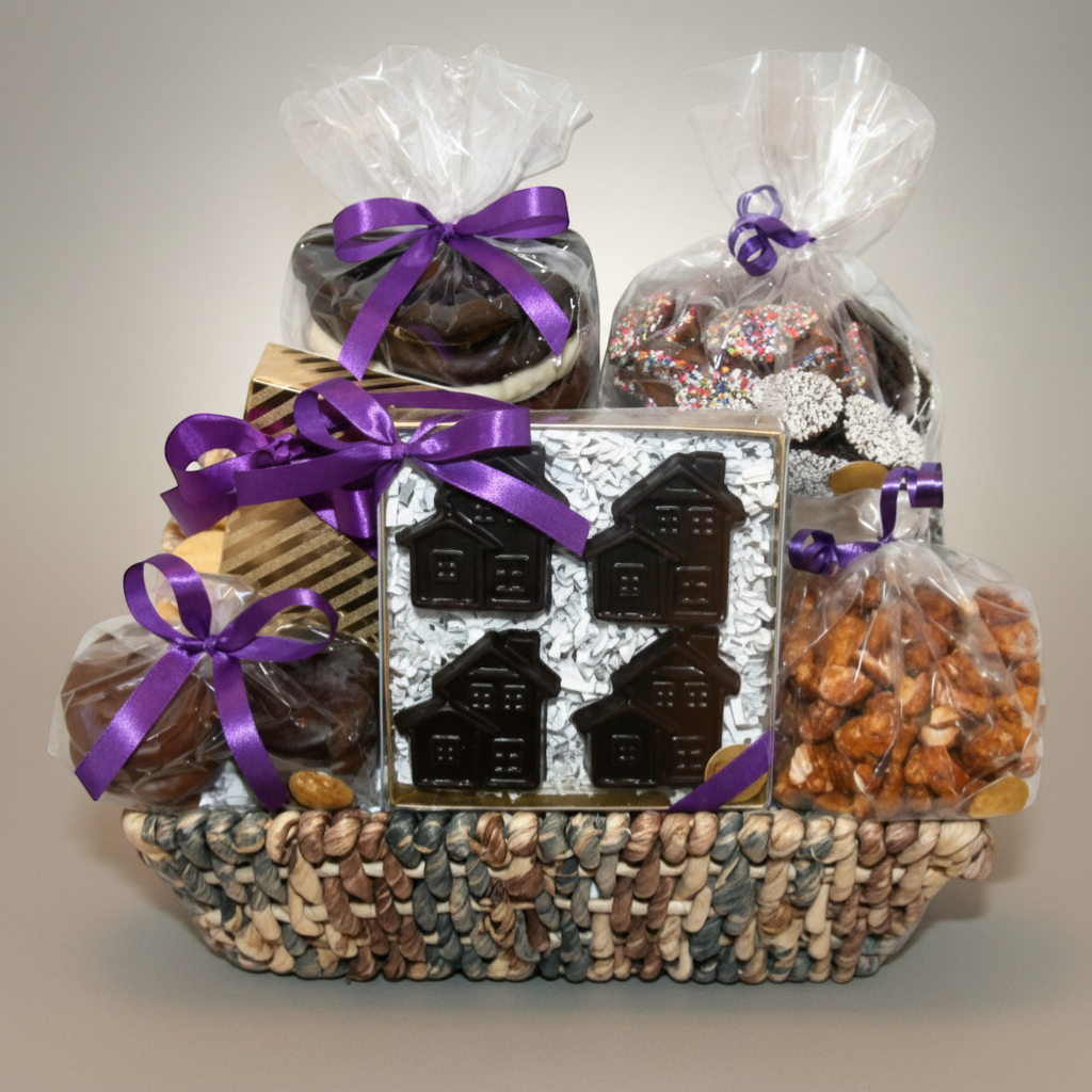 Enjou Chocolat New Home Basket with assorted gourmet chocolates, chocolate houses, Oreos, pretzels, and nuts.