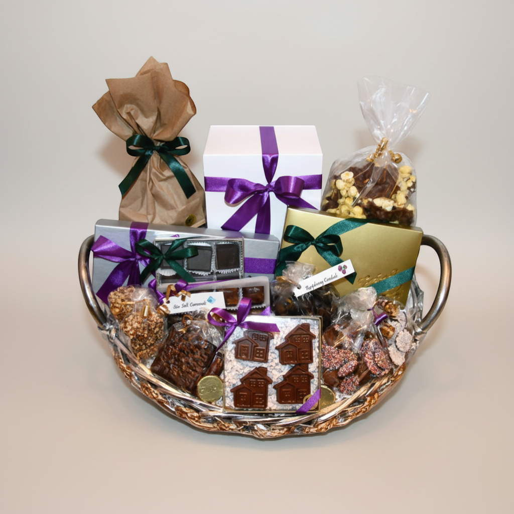 Enjou Chocolat New Home Basket with assorted chocolates, chocolate covered grahams, pretzels, and house-shaped chocolates.