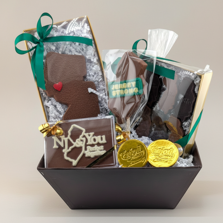 Enjou Chocolat New Jersey State Gift Basket with chocolate NJ shapes, coins, and pretzels.