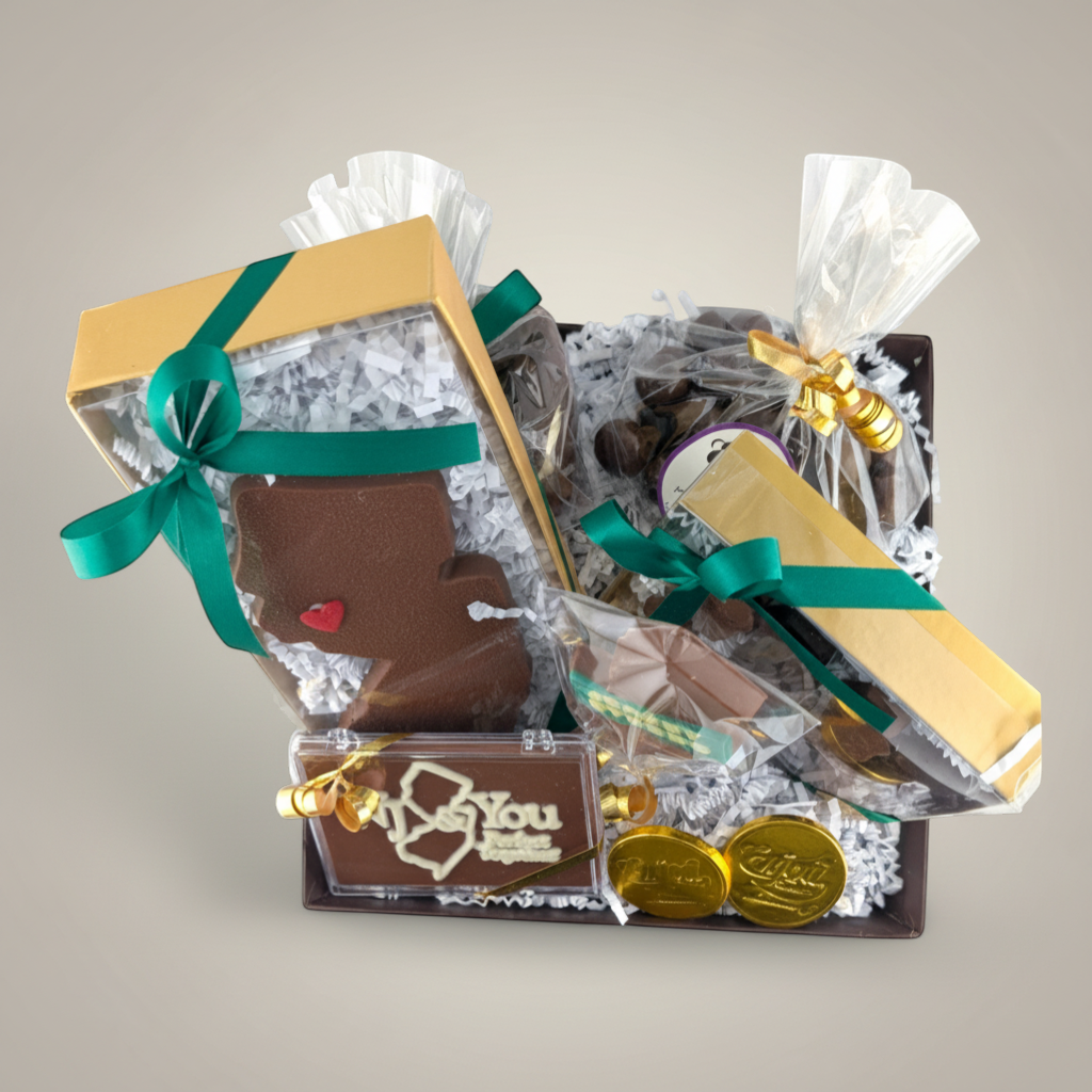 Enjou Chocolat New Jersey State Gift Basket with chocolate treats, NJ state lolly, coins, pretzels, and cordials.