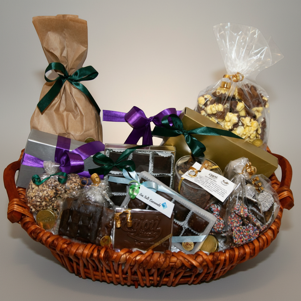 Enjou Chocolat sympathy gift basket filled with assorted gourmet chocolates, truffles, chocolate-covered pretzels, Oreos, and popcorn.