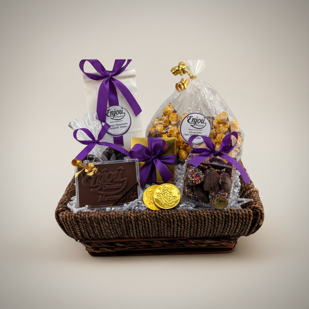 Enjou Chocolat sympathy gift basket with assorted chocolates, popcorn, Oreos, pretzels, chocolate bar, and gold coins.