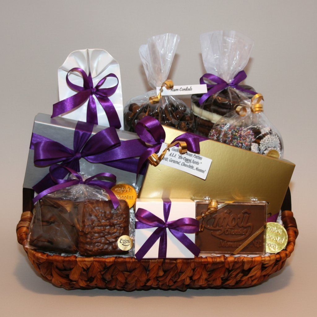 Enjou Chocolat sympathy gift basket filled with assorted gourmet chocolates, truffles, chocolate covered Oreos, pretzels, graham crackers, and an Enjou bar.