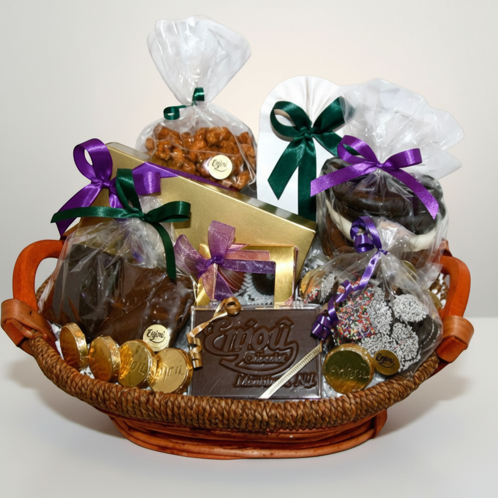 Enjou Chocolat sympathy gift basket with assorted chocolates, chocolate covered Oreos, pretzels, graham crackers, and biscotti.