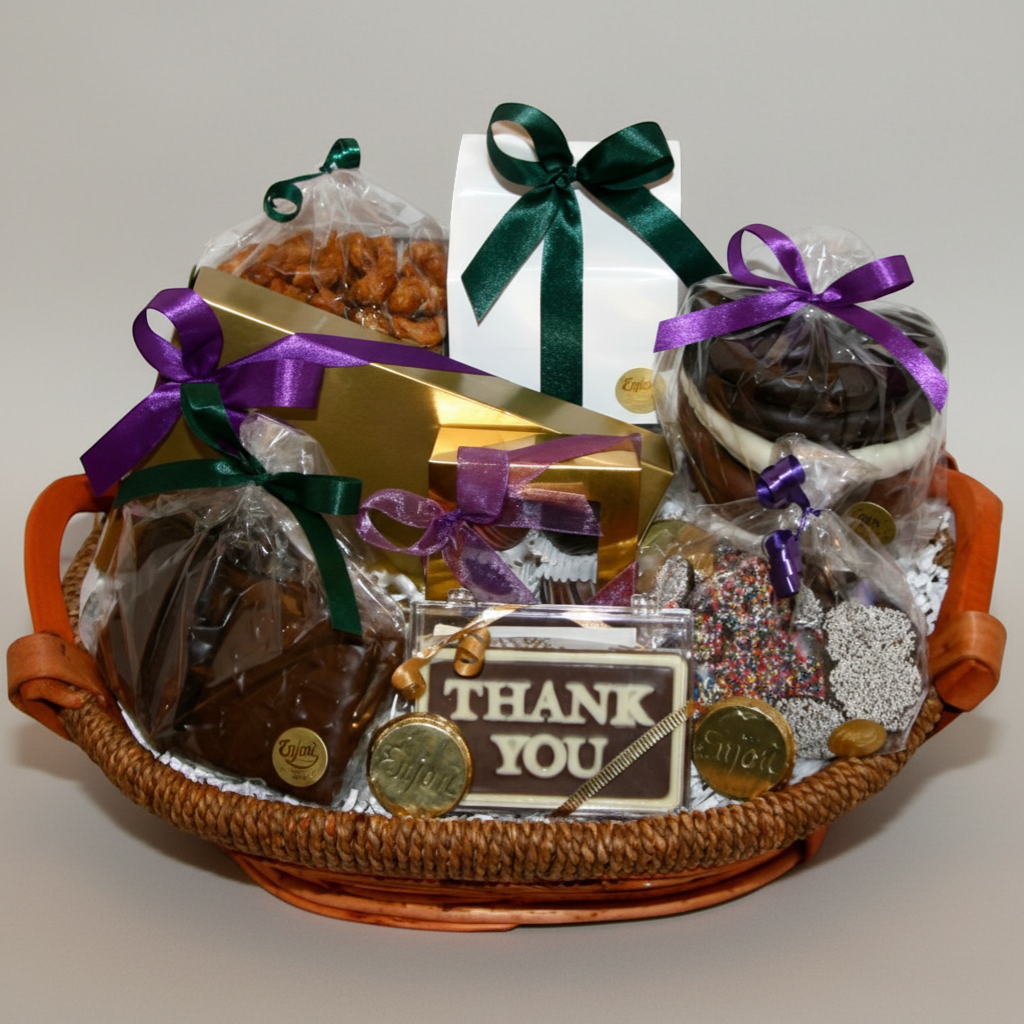Enjou Chocolat Thank You basket filled with assorted gourmet chocolates, nuts, chocolate covered pretzels, Oreos, graham crackers, and biscotti.
