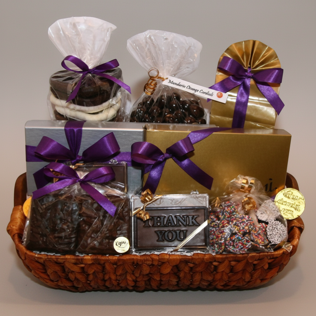 Enjou Chocolat Thank You basket with assorted gourmet chocolates, chocolate covered pretzels, Oreos, graham crackers, and biscotti.