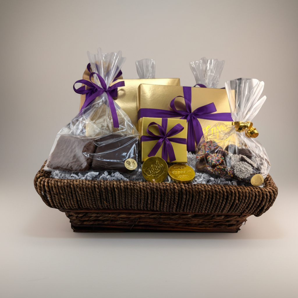 Enjou Chocolat traditional gift basket filled with assorted chocolates, chocolate-covered pretzels, and gold-wrapped gifts tied with purple ribbon.