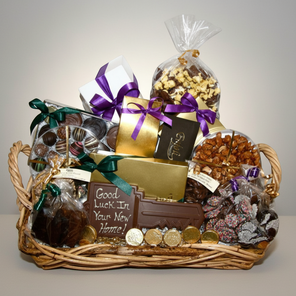 Enjou Chocolat New Home Basket with assorted chocolates, chocolate covered items, gourmet nuts, and a chocolate key.