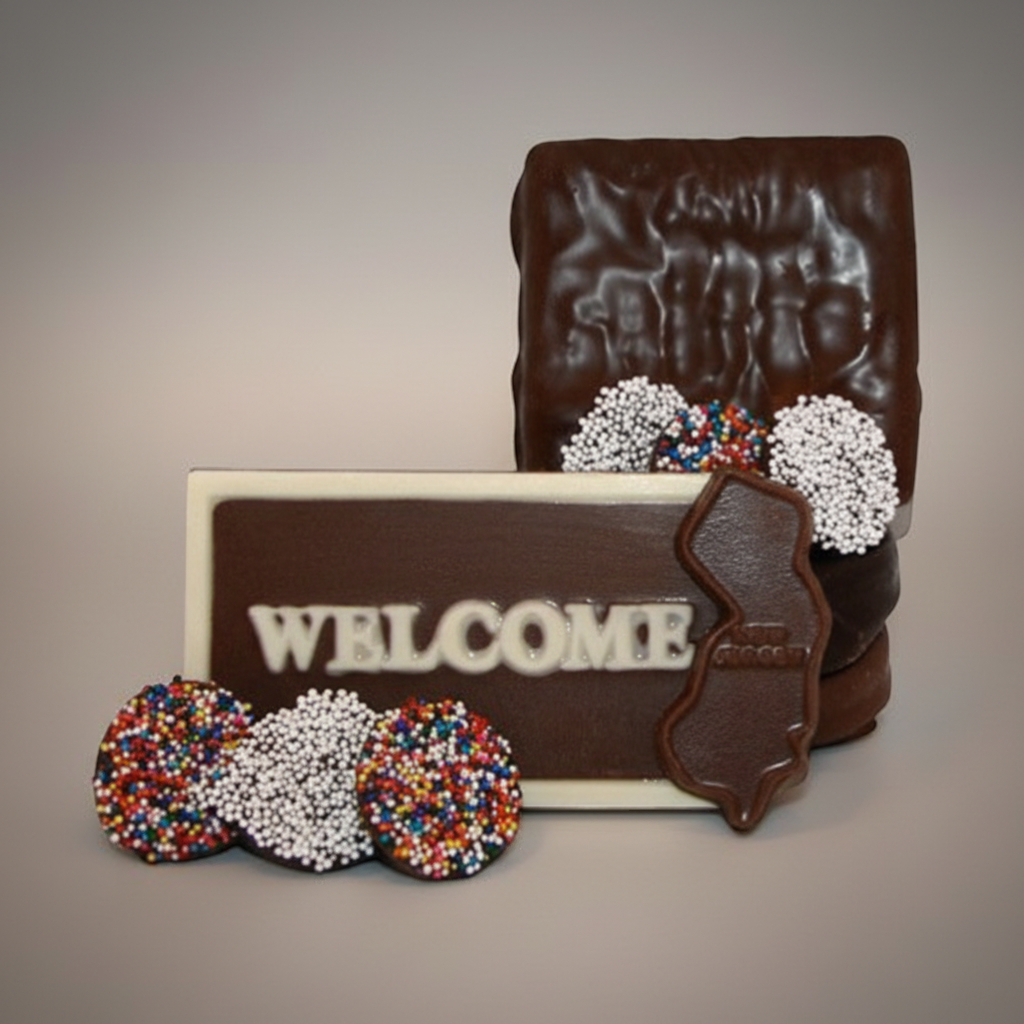 Enjou Chocolat New Jersey welcome gift package with chocolate covered Oreos, graham crackers, nonpareils, and a NJ state chocolate.