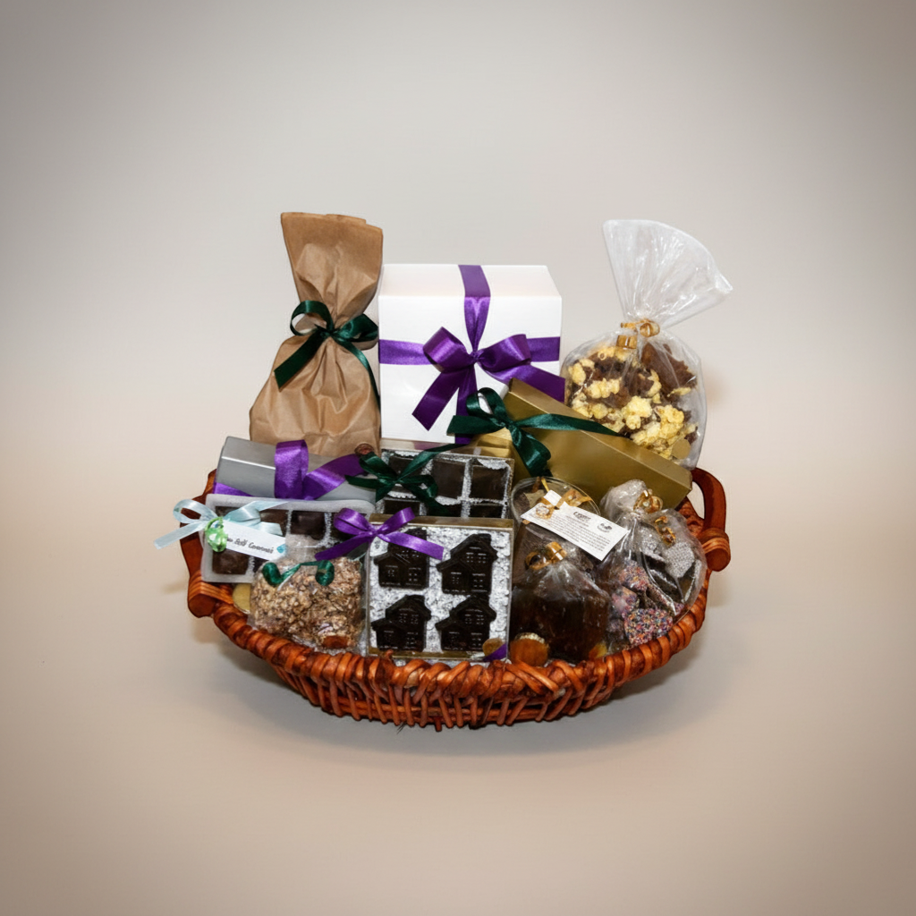 Enjou Chocolat New Home Basket with assorted chocolates, chocolate covered grahams, popcorn, and chocolate houses.