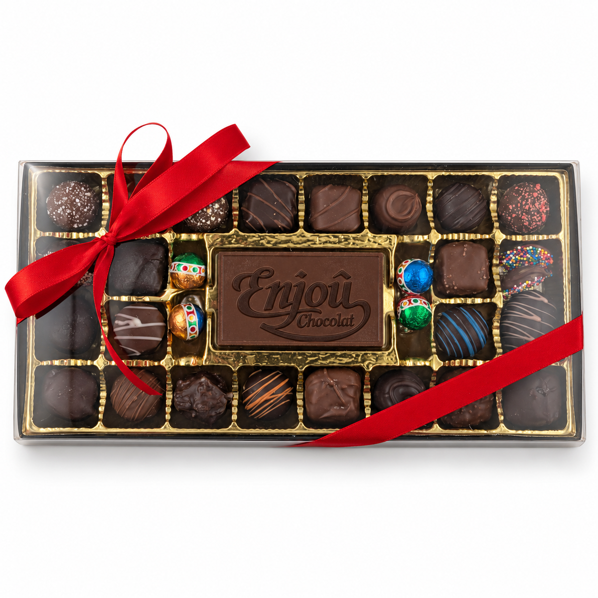 Large Corporate Card Collection seen from above, with an Enjou Chocolat logo card, assorted chocolates and foil ornaments