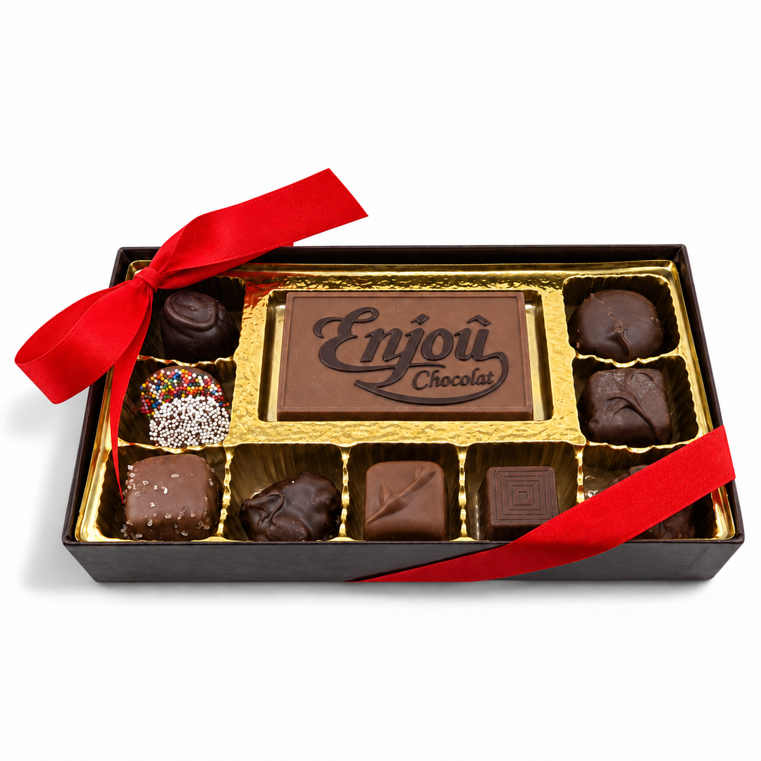 Medium Corporate Card Collection with an Enjou Chocolat logo card and assorted chocolates, tied with a red ribbon