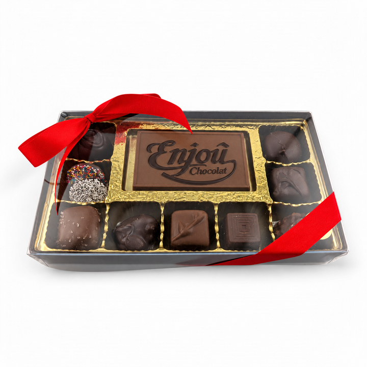 Medium Corporate Card Collection under a clear lid, with an Enjou Chocolat logo card and assorted chocolates
