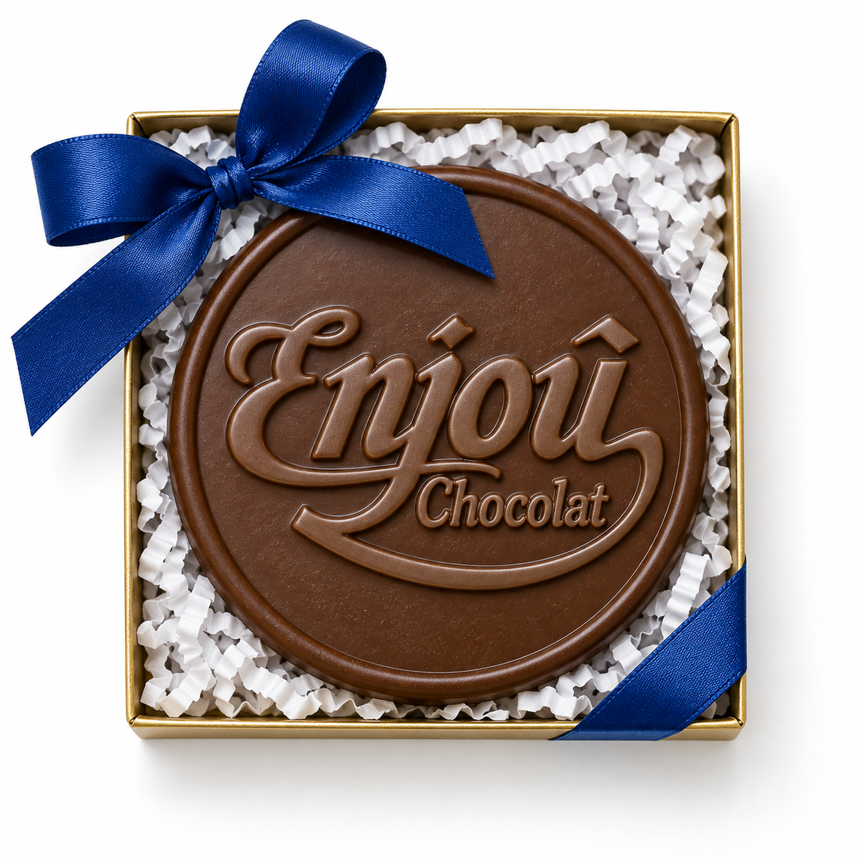 Custom logo chocolate round shown with the Enjou Chocolat logo, in a gold gift box with a blue satin bow
