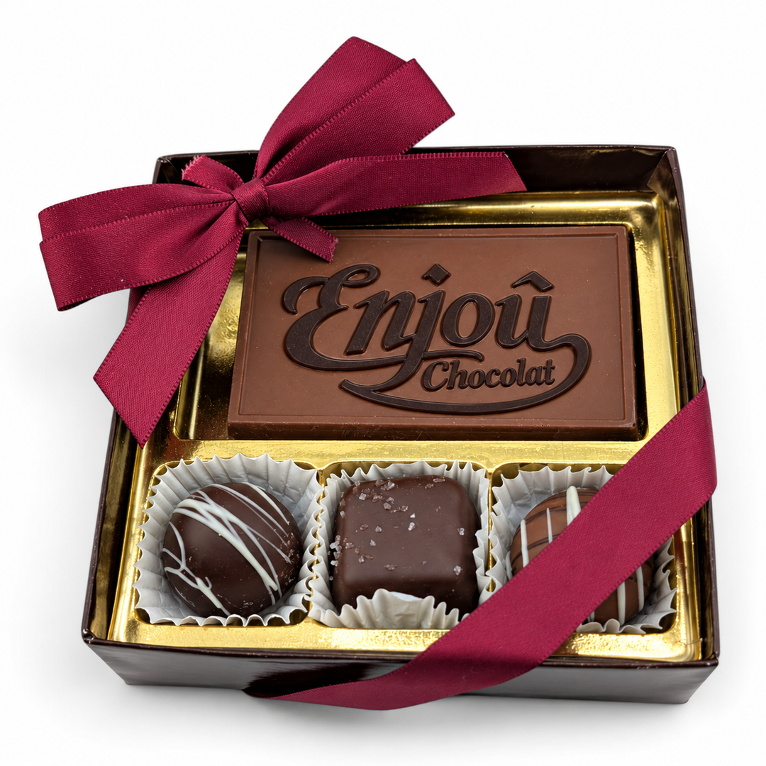 Small Corporate Card Collection with an Enjou Chocolat logo card and three truffles, tied with a burgundy ribbon