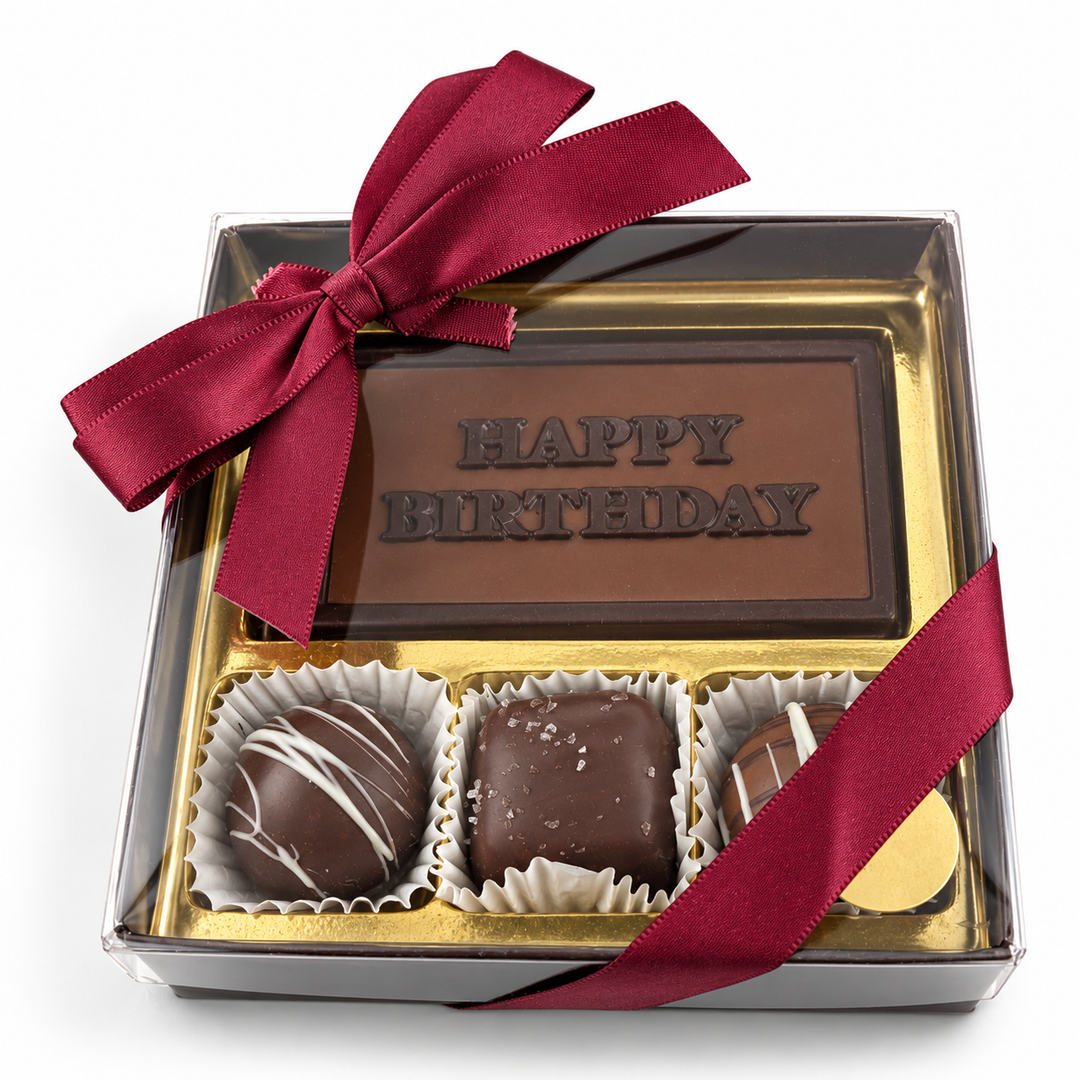 Small Corporate Card Collection under a clear lid, with a Happy Birthday chocolate card and three truffles